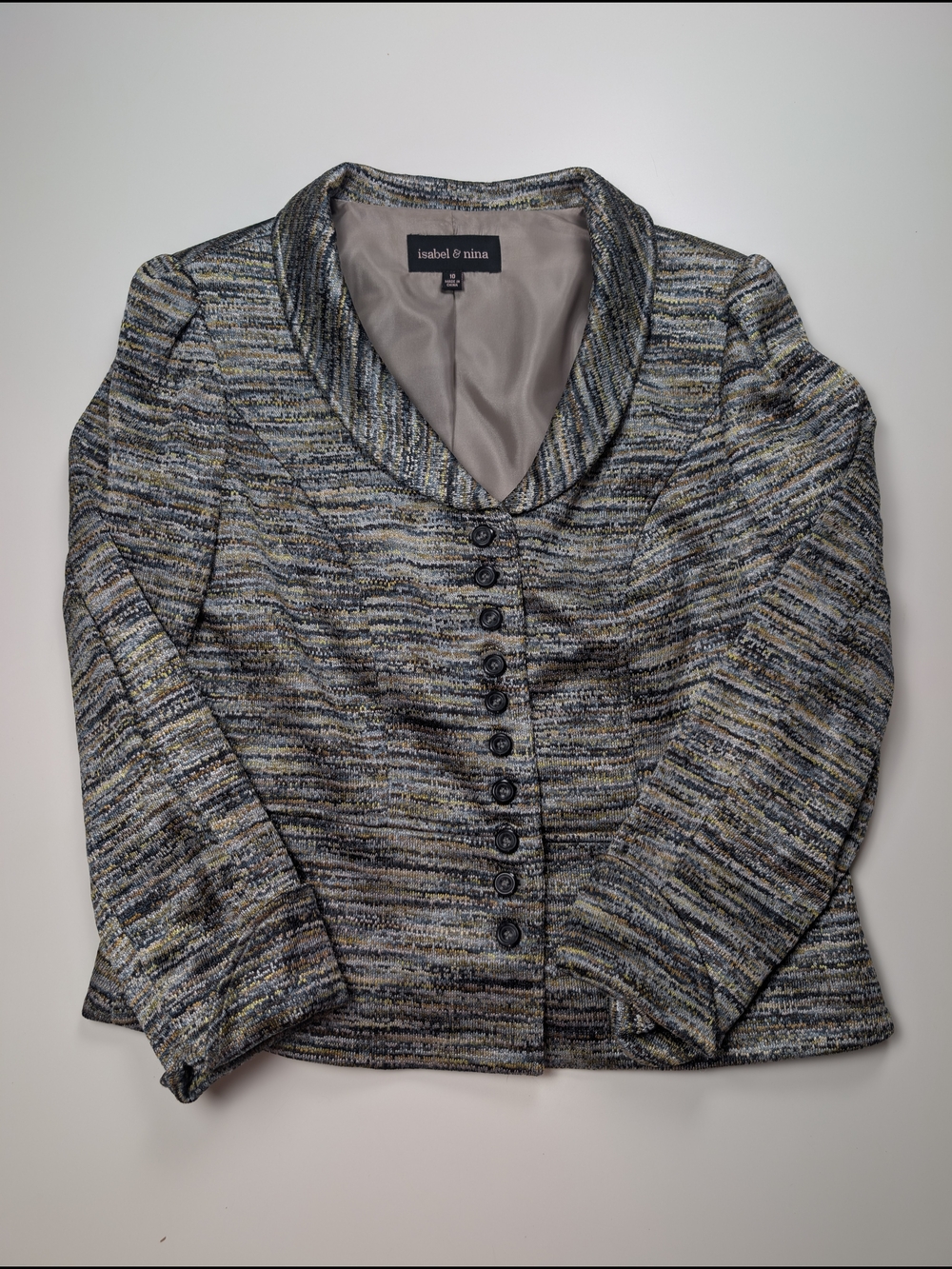 Isabel & Nina Womens Tweed Skirt Suit Set Metallic Gold Gray Size 10 EUC - Picture 2 of 15